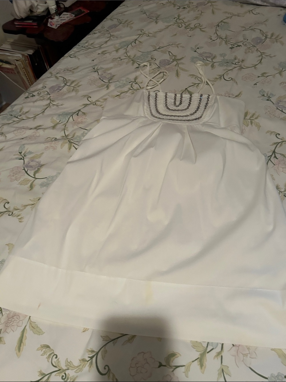 BCBGMaxAzria White Spaghetti Strap Beaded Bodice Dress